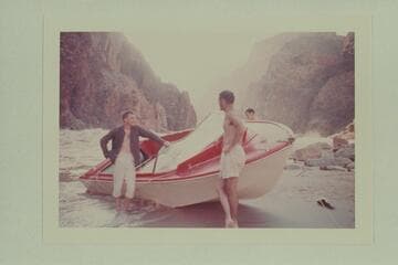 Bill Austin, Garth Marston and the wrecked "WEE RED"; Monument Creek Rapid