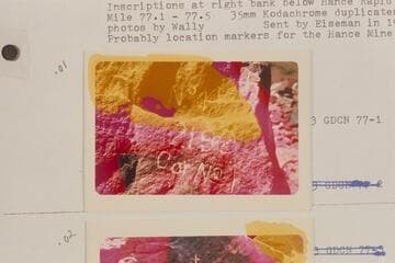 Inscriptions at right bank below Hance Rapid; Mile 77.1-77.5. Probably location markers for the Hance Mine