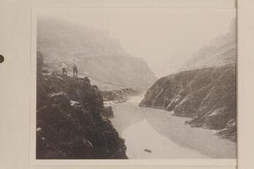 Looking through a part of the river gorge, foot of bad trail, Grand Canon. The view is upriver at approximately the present location of the Bass Cable