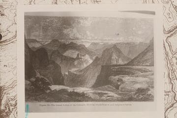 "The Grand Canon of the Colorado," showing amphitheaters and sculptured buttes. Etching by Thomas Moran, who either went down into Muav Canyon or used Hillers photos including No. 226 for the land formations