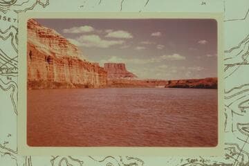 Down Labyrinth Canyon from Mile 35-36. The butte in the distance is at the southwest end of Steer Mesa and was named The Castle in Nims photo No. 17 in 1889