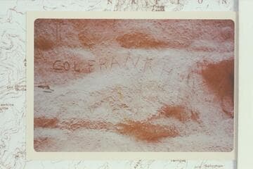 Inscription by trail in Hance Canyon on west wall at highest Tapeats outcrop: L. D. Boucher/Col. Frank Hull 1884