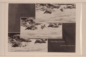 Kayak operations with the French Trio. The scene appears to be at the foot of Triplett Falls in the Canyon of Lodore