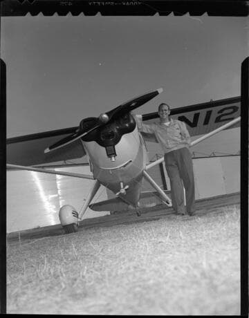 Man with single engine private airplane with 9 variants, mostly aerial views of plane in flight
