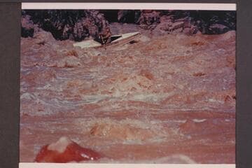 Frank Wright in Monument Creek Rapid. Bright Angel gauge: July 18: 21,000. July 19: 19,700. July 20: 18,500. July 21: 17,400