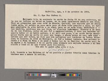 Letter from José Chávez Torres (Calvillo, Aguascalientes) to Paco Chávez Esparza (San José, California)