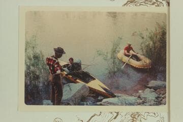 Harvey Butchart and Bill Mooz in boats 1/4 mile above mouth of Diamond Creek where they crossed 1969, Apr. 26. Doc Ellis stands on shore