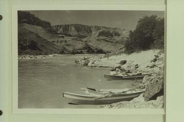Downstream from Tanner Mine. Desert View on horizon. The two Reilly glass boats in the foreground and Fulmer's plywood "Gem" beyond