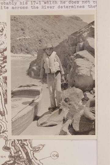 Clyde Eddy at the head of Serpentine Canyon Rapid. Noon stop. Arrival was 12:30 PM and departure about 2 PM. The temperature in the shade was 104 degrees