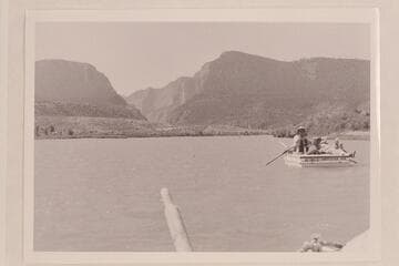 AK Reynolds, Marie and Joe Desloge float toward the Gate of Lodore; Brown's Hole, Green River. Below Vermillion Creek