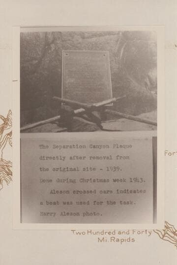 The second Separation Plaque on the beach below its first location after it had been removed by Aleson for the purpose of locating it at a higher elevation above top levels of Lake Mead. Christmas week, 1943