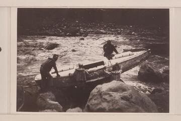 Portage at Lava Falls. Carnegie-Caltech party. Frank Dodge is upper right. Maxson is left