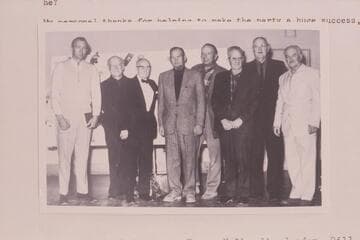 Group at Emery Kolb's birthday party at the Grand Canyon: Gay Staveley, Dock Marston, Emery Kolb, Jim Jordan, Bill Belknap, Elwyn Blake, Ed Hudson and Harry Aleson