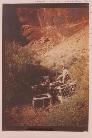 The horses used during construction of the "Charles H. Spencer". Harry Aleson sits on one; Warm Creek