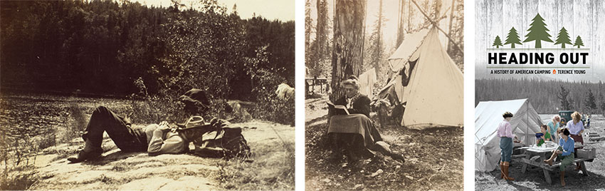 Left: The label for this image in one of the Turners’ photograph albums of their 1908 canoe trip reads: “The Sleeping Beauty FJT.” Unidentified photographer. The Huntington Library, Art Collections, and Botanical Gardens. Center: Caroline Mae Turner found time to relax and read on her canoe-camping trip on the Nipigon River in the summer of 1908. Here she sits in camp at Pine Portage. Unidentified photographer. The Huntington Library, Art Collections, and Botanical Gardens. Right: Heading Out: A History of American Camping by Terence Young, Cornell University Press, 2017. Left: The label for this image in one of the Turners’ photograph albums of their 1908 canoe trip reads: “The Sleeping Beauty FJT.” Unidentified photographer. The Huntington Library, Art Collections, and Botanical Gardens. Center: Caroline Mae Turner found time to relax and read on her canoe-camping trip on the Nipigon River in the summer of 1908. Here she sits in camp at Pine Portage. Unidentified photographer. The Huntington Library, Art Collections, and Botanical Gardens. Right: Heading Out: A History of American Camping by Terence Young, Cornell University Press, 2017.